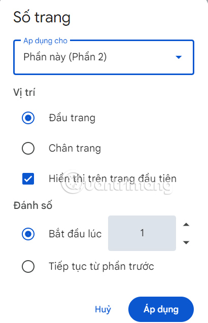 Số trang từ trang bất kỳ trong Docs