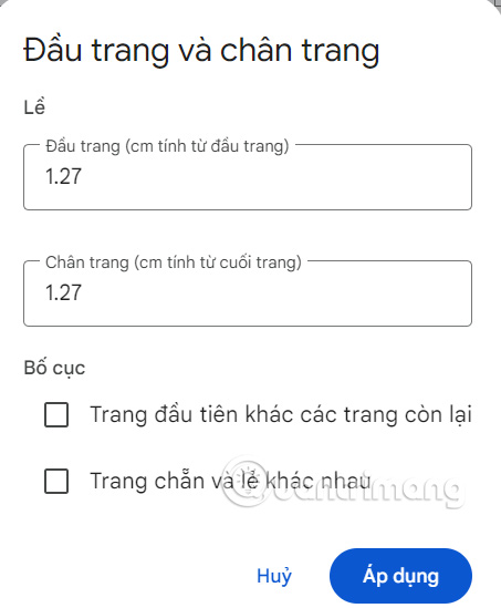 Kiểu định dạng trang đầu Docs