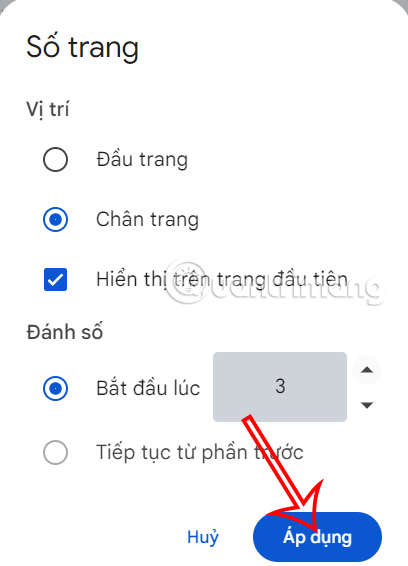 Số trang từ số bất kỳ Docs