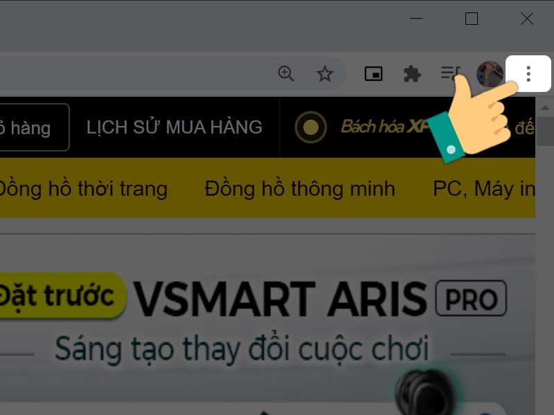 Nhấn vào biểu tượng ba chấm ở góc phải giao diện Chrome