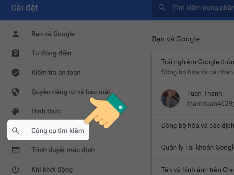 Nhấn vào Công cụ tìm kiếm tại danh sách menu bên phải