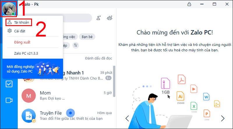 Vào tùy chọn tài khoản Zalo trên máy tính