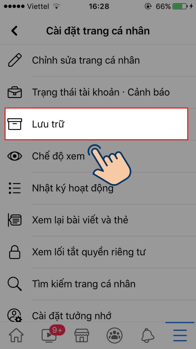 Sau đó chọn vào mục Lưu trữ.