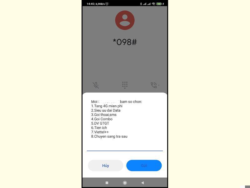 Nhấn cú pháp *098# bước 2