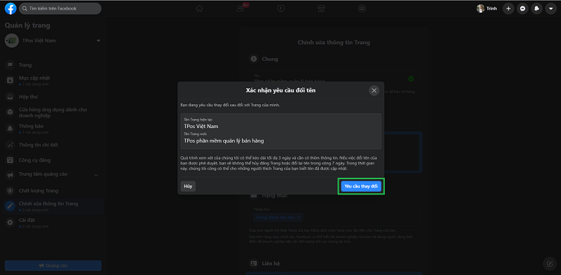 Bước 3 đổi tên fanpage facebook