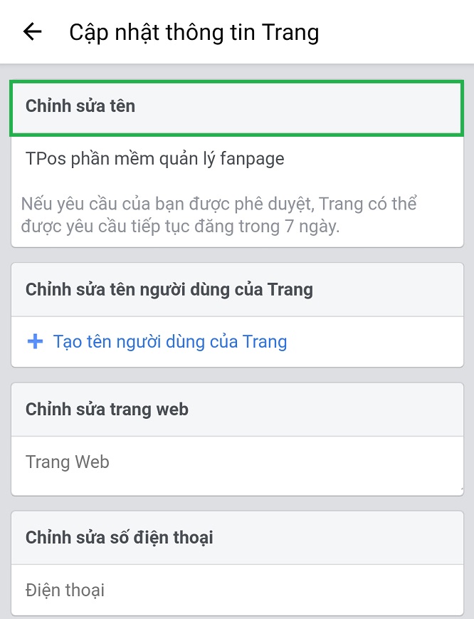 bước 5 đổi tên fanpage facebook trên điện thoại