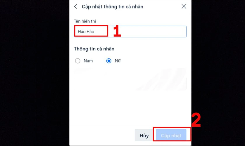 Nhập tên bạn muốn đổi vào mục tên hiển thị và chọn Cập nhật