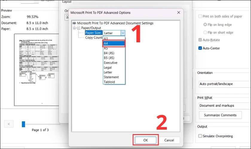 Bấm vào ô bên cạnh Paper Size chọn A4 và nhấn OK