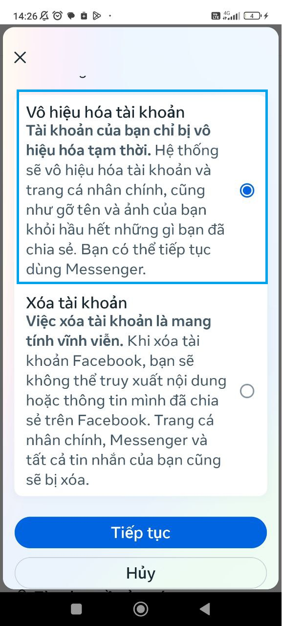 Lựa chọn tài khoản Facebook bạn muốn xóa tạm thời hoặc vĩnh viễn