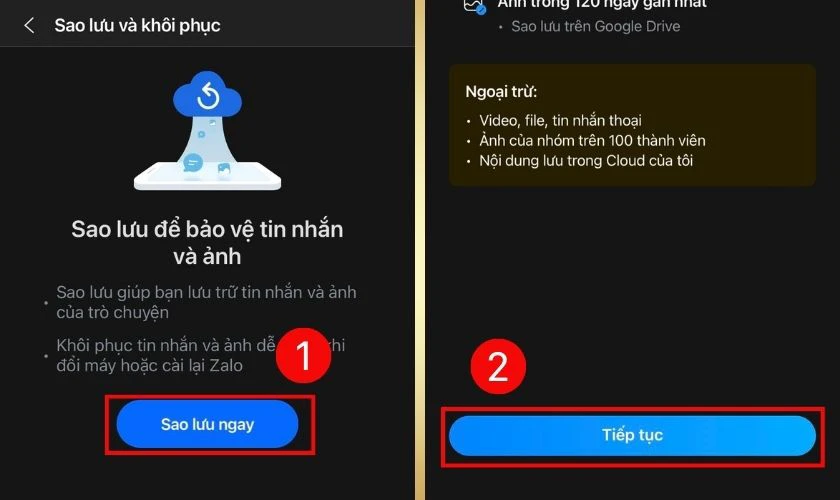 Vào Sao lưu và khôi phục, nhấn Sao lưu ngay và chọn Tiếp tục