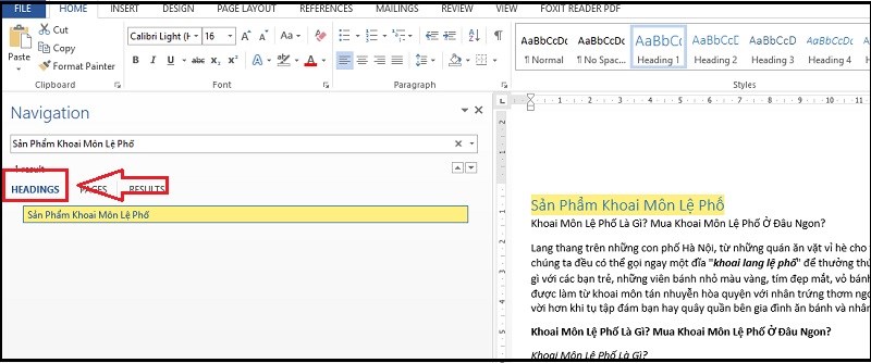 Chọn tab Headings xem kết quả hiện thị heading