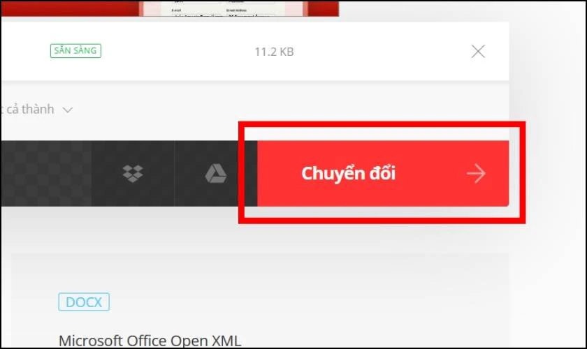 Chọn vào nút chuyển đổi để thực hiện chuyển file Excel sang Word