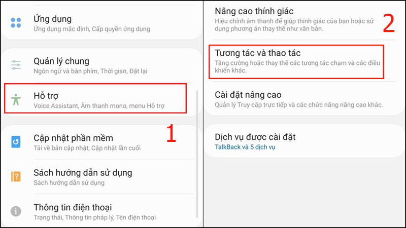 Chọn Hỗ trợ, sau đó nhấn vào mục Tương tác và thao tác