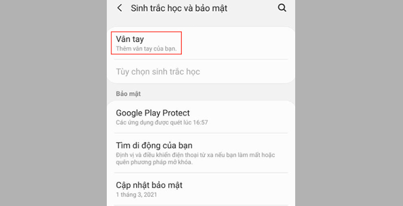 Chọn mục Vân tay và tiến hành quét vân tay theo hướng dẫn