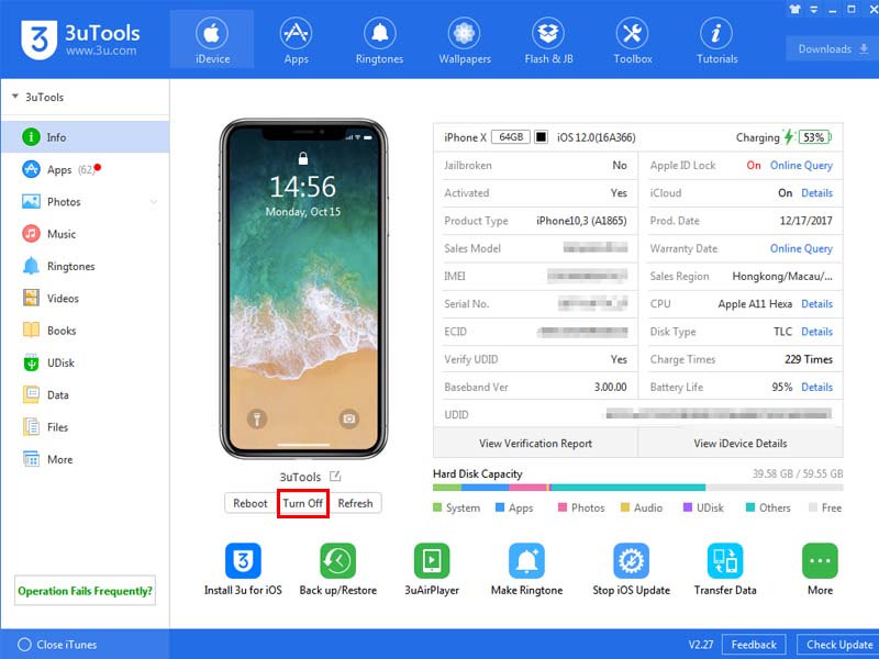 cách tắt nguồn iPhone Xs 3utools