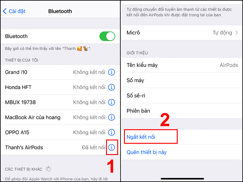 Ngắt kết nối trong cài đặt Bluetooth