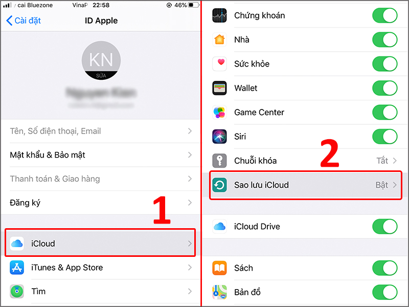 Tiếp tục chọn iCloud và sao lưu iCloud.