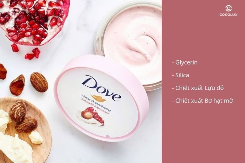 Thành phần chính của tẩy tế bào chết Dove Creme Dusch Peeling Granatapfel & Sheabutter