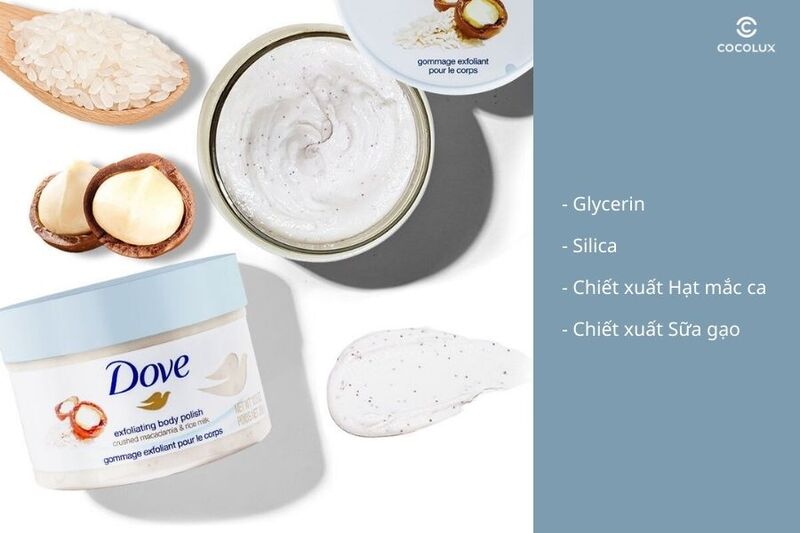 Thành phần chính của tẩy tế bào chết Dove Creme Dusch Peeling Madacamia & Reismilch