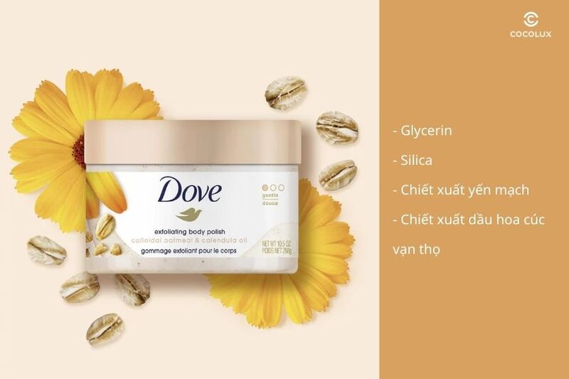 Thành phần chính của tẩy tế bào chết Dove Exfoliating Body Polish Colloidal Oatmeal & Calendula Oil