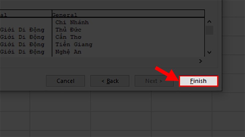 Nhấn Finish để chia cột trong Excel