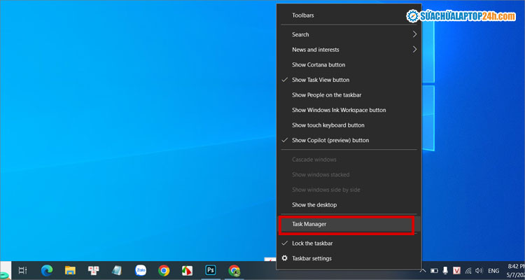 Nhấn chuột phải để chọn Task Manager