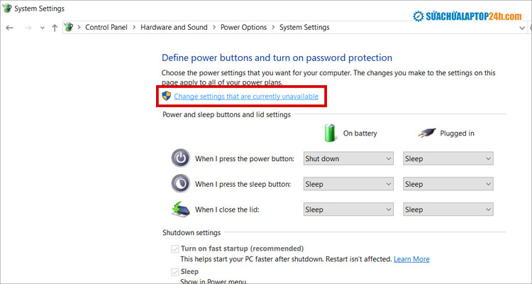 Chọn mục Change settings that are unavailable