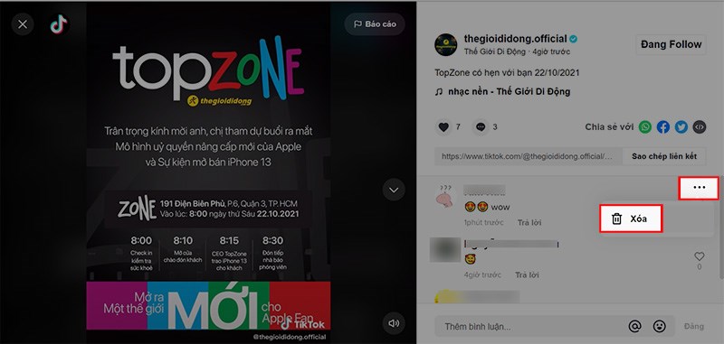 hấn vào biểu tượng 3 dấu chấm tại video mà bạn đã bình luận > Chọn Xóa