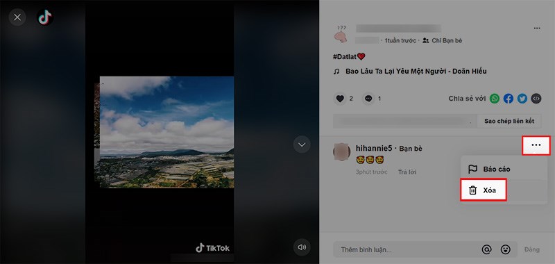 Nhấn vào biểu tượng dấu 3 chấm ở bên phải bình luận > Chọn Xóa