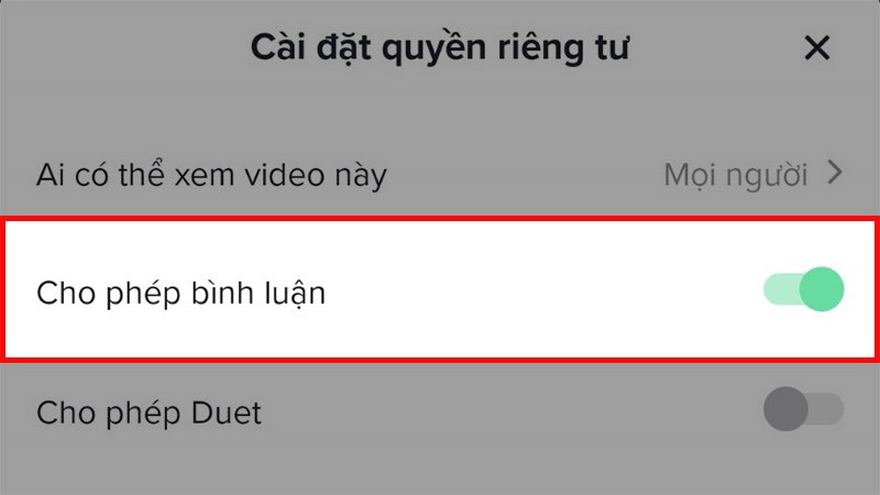 Nhấn vào biểu tượng nút gạt sang trái hoặc phải tại mục Cho phép bình luận