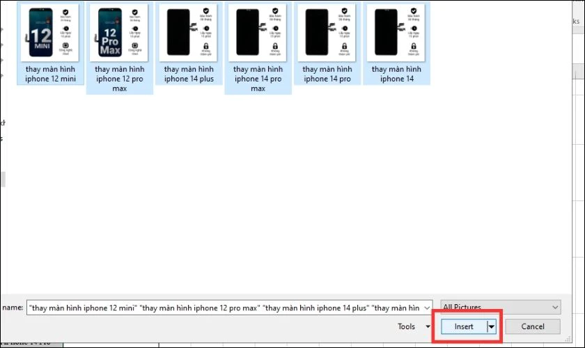 Chọn insert nhiều ảnh vào Excel