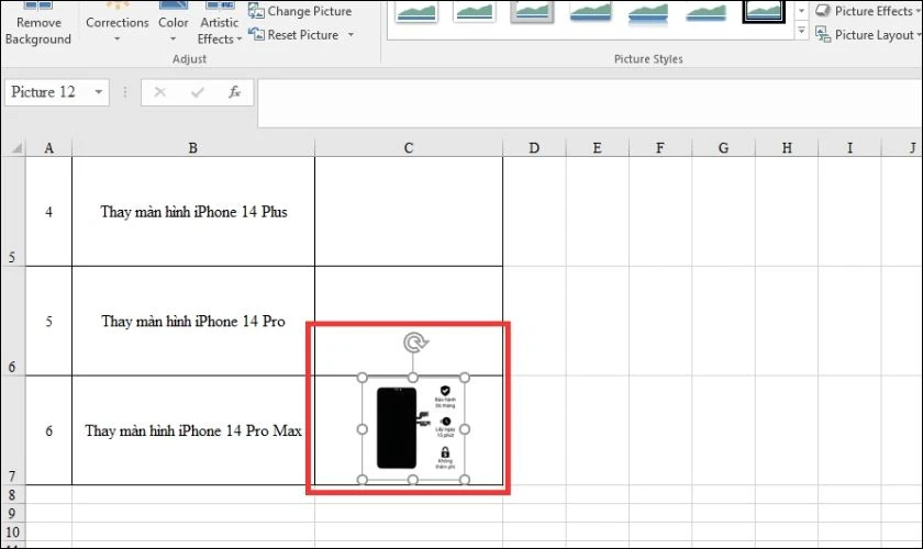 Kéo thả ảnh vào vị trí tương ứng trong Excel