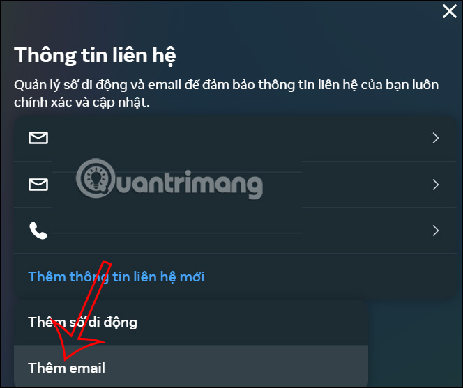 Nhập email cho Facebook