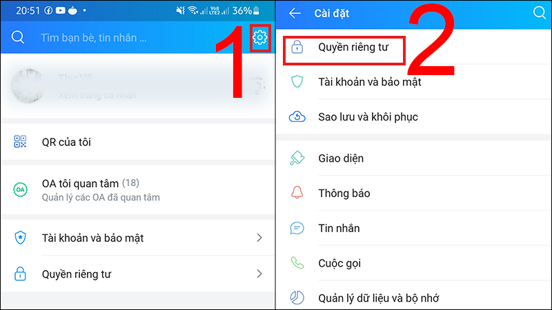 Vào cài đặt rồi chọn quyền riêng tư