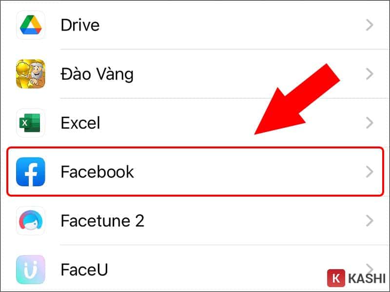 Chọn Facebook trong mục Cài đặt