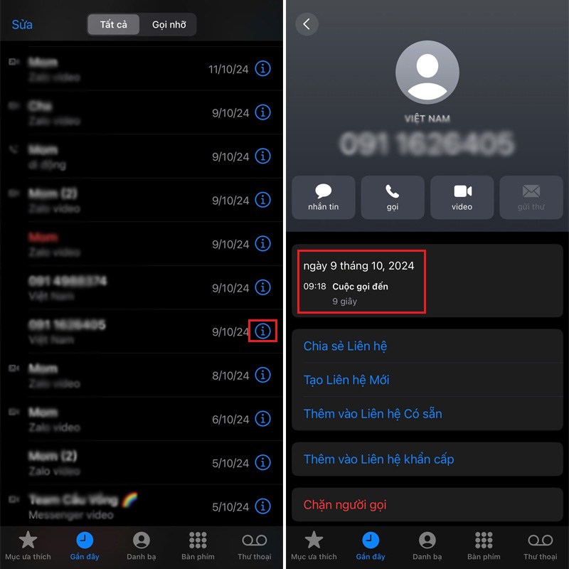 Nhấn vào biểu tượng chữ i để xem chi tiết cuộc gọi trên iPhone