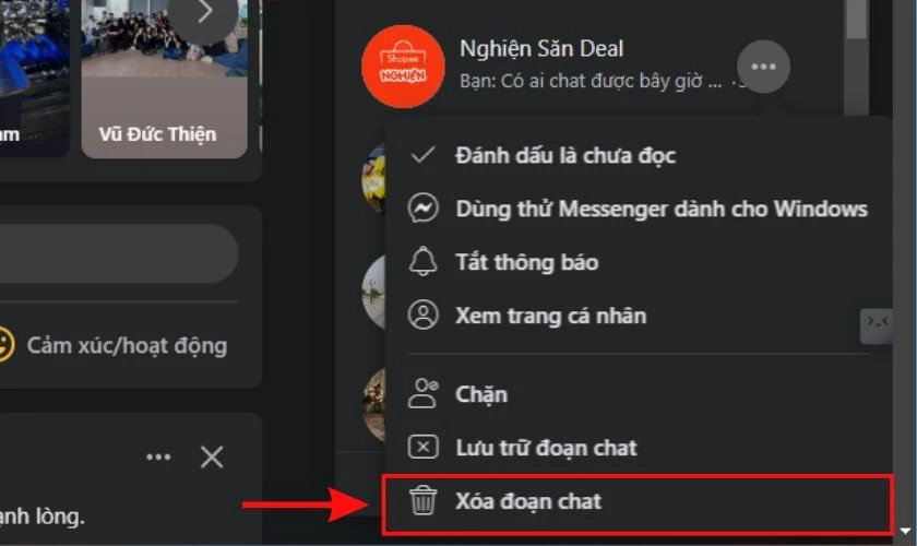 Chọn vào mục Xóa đoạn chat