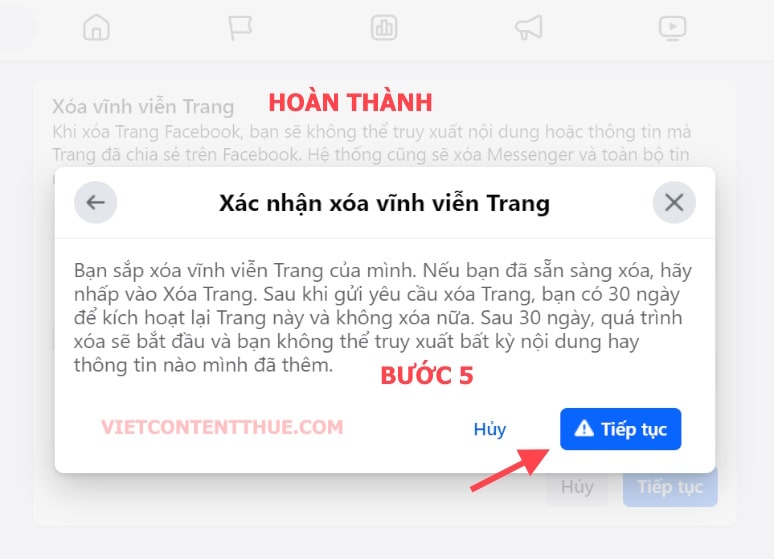 xác nhận việc xóa fanpage