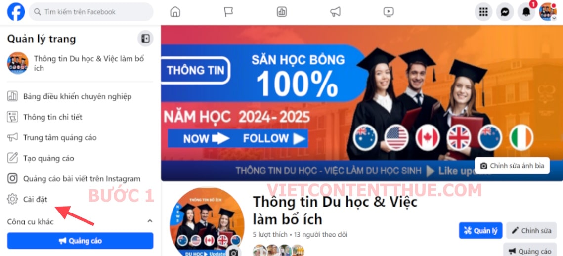 vào cài đặt fanpage Facebook