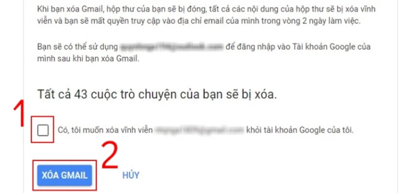 Tiến hành xóa tài khoản Gmail