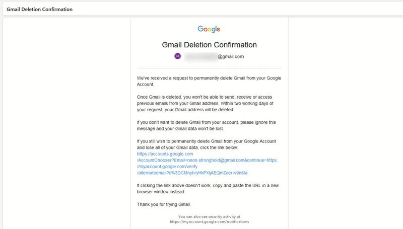 Nhấn vào nút Delete your Google Account trong ứng dụng Gmail iOS.