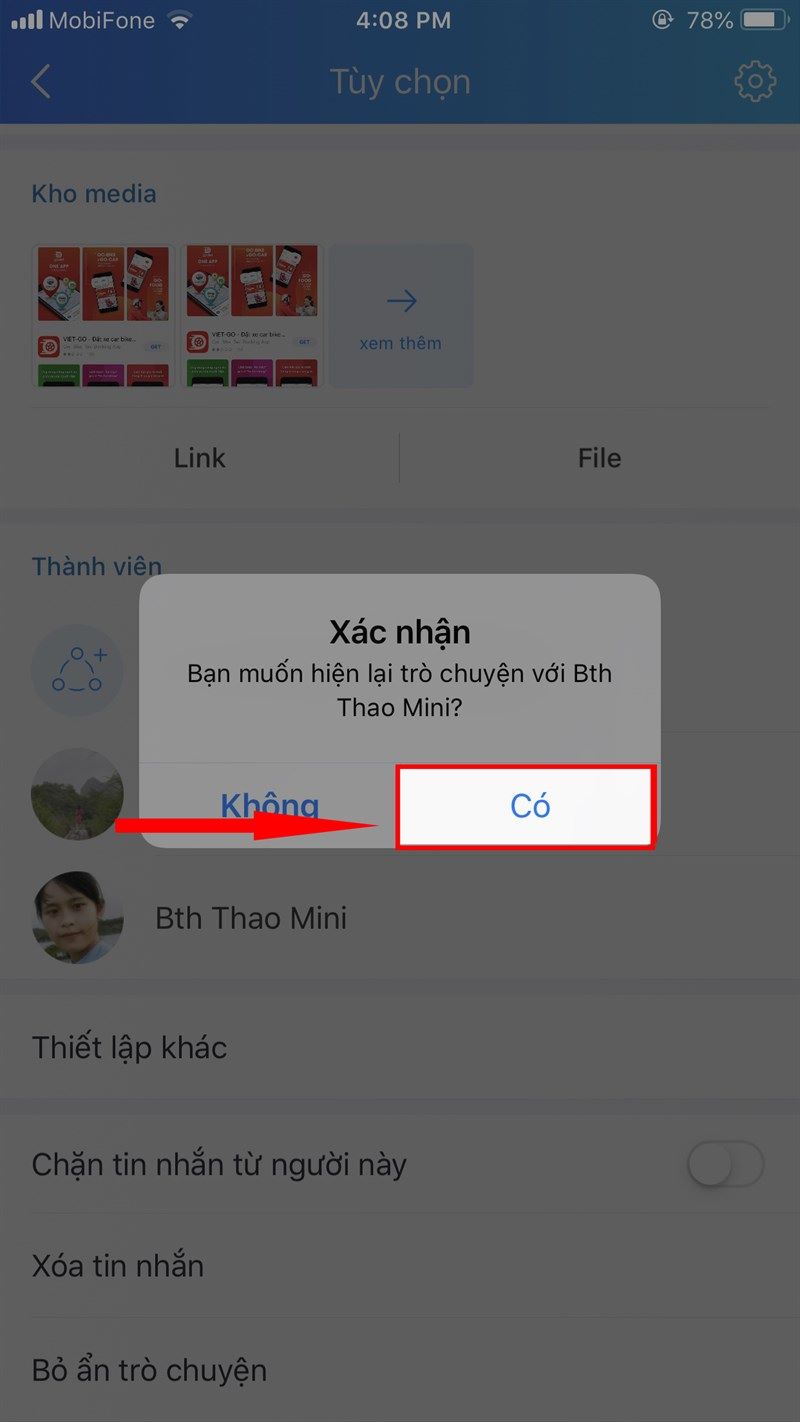 Cách bỏ ẩn tin nhắn Zalo trên điện thoại bước cuối