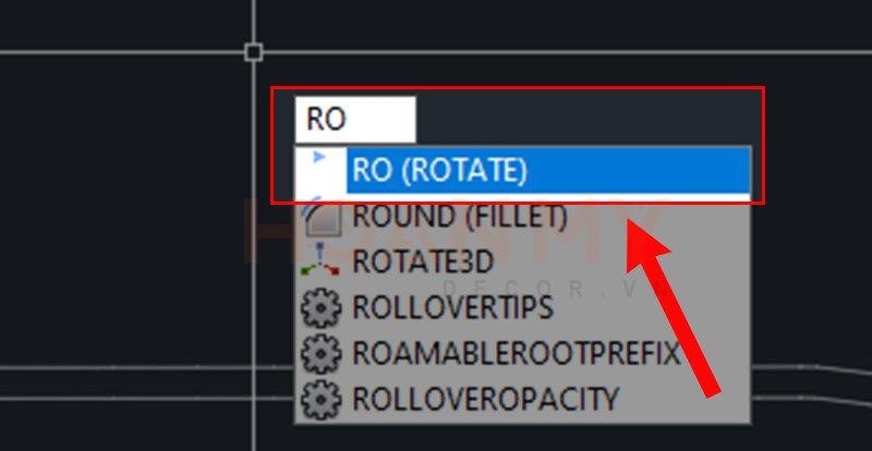 Nhập lệnh RO (Rotate) -> Ấn Space hoặc Enter