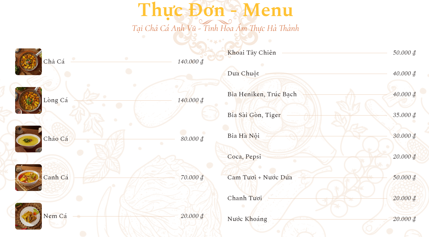 Menu Bảng Giá thực đơn Chả cá Anh Vũ