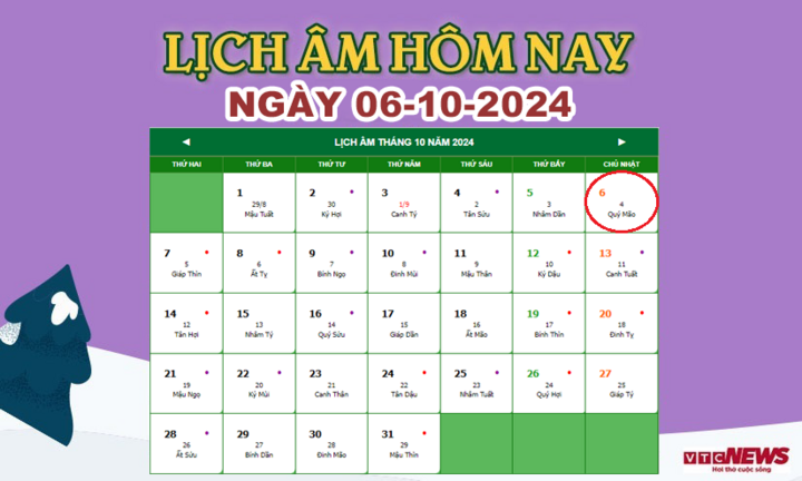 Xem lịch âm hôm nay ngày 6/10/2024