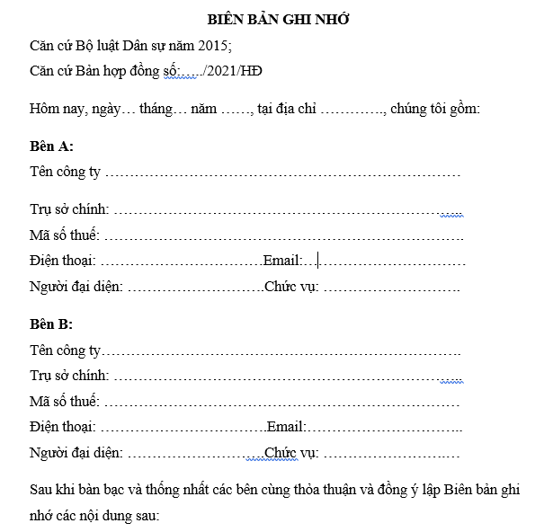 Mẫu biên bản ghi nhớ MOU form chung