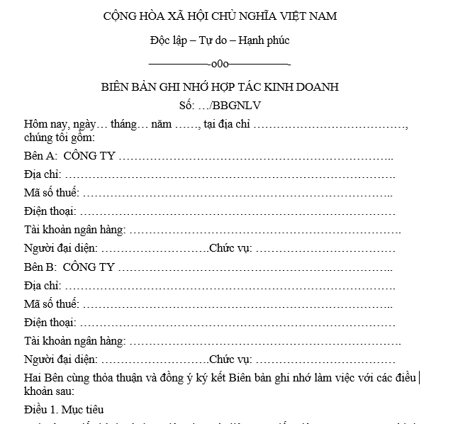 Mẫu biên bản ghi nhớ hợp tác kinh doanh