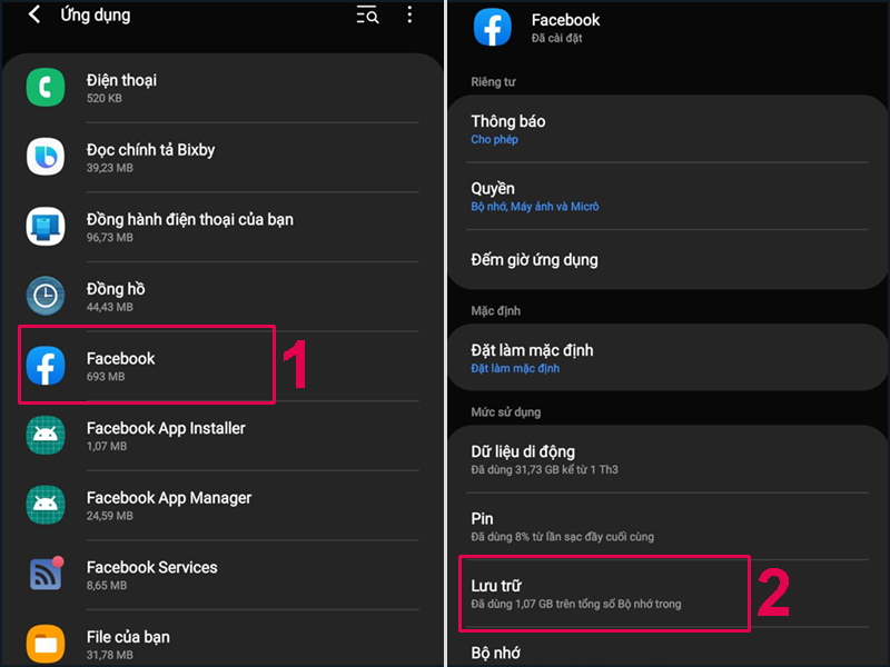 Chọn Lưu trữ của ứng dụng Facebook để có thể xóa dữ liệu