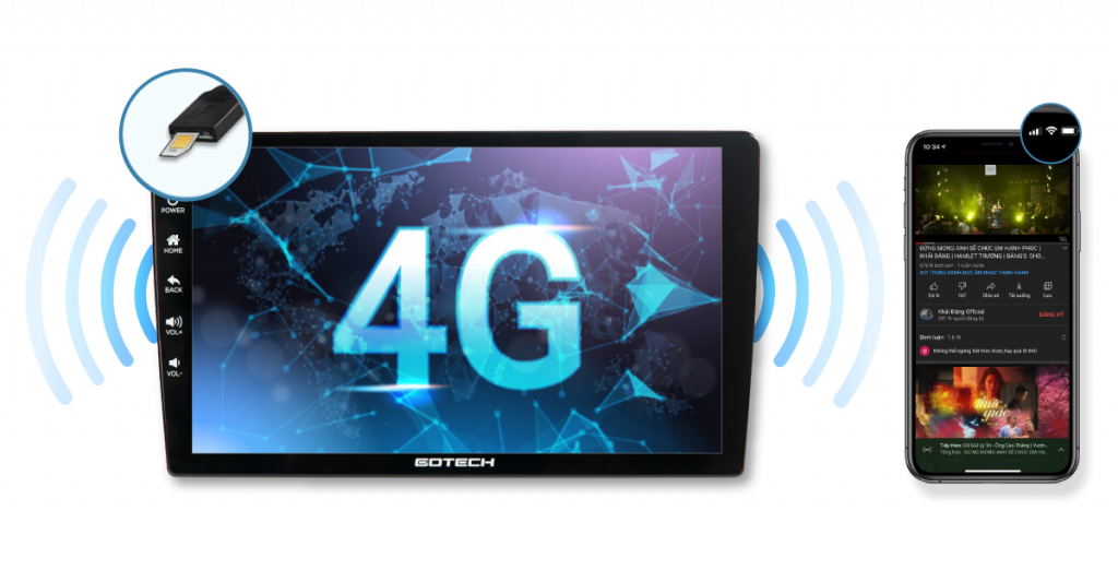 Màn hình Gotech GT8 kết nối internet tốc độ cao qua sim 4G.