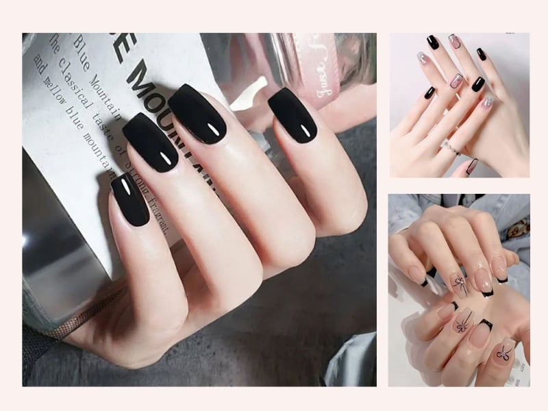 Mẫu nail màu đen cá tính và huyền bí, có thể kết hợp cùng họa tiết hình học hoặc đính đá nổi bật